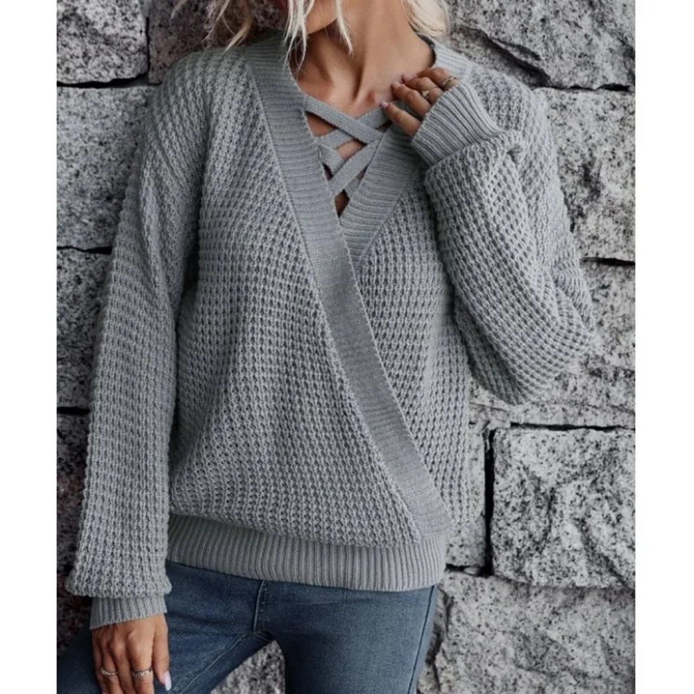 Casual Boho Criss Cross Surplice Neck knit Sweater Top - Picture 5 of 7